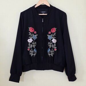 Karen Kane Floral Embroidered Bomber Jacket Womens L Black LS Zip Pockets Lined